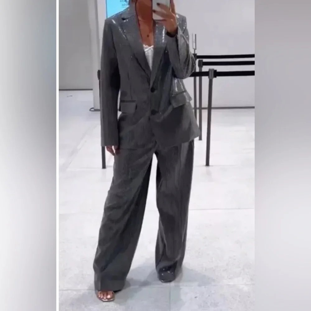 NWT Zara gray sequin menswear wide leg trousers Large - Picture 2 of 4